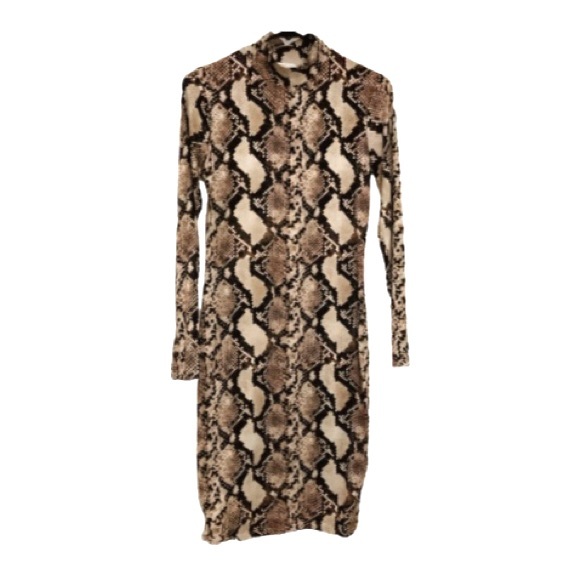Leith Bodycon Tan & Dark Brown Long Sleeve Snake Print Dress - Size Small - Picture 2 of 9